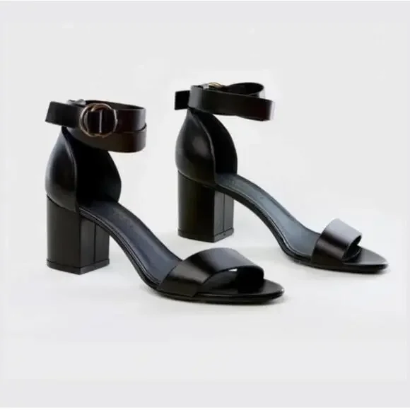 JENNI KAYNE - Black Leather Strap Block Heels Sandals - Size 39 EU 9 US - Picture 1 of 9